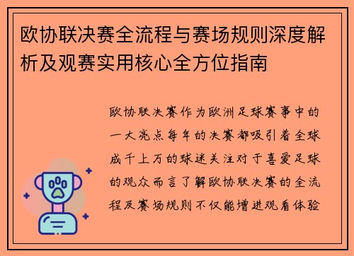 欧协联决赛全流程与赛场规则深度解析及观赛实用核心全方位指南