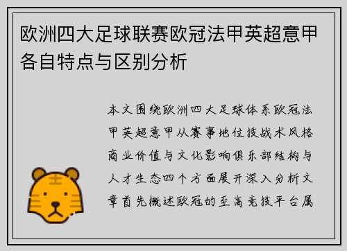 欧洲四大足球联赛欧冠法甲英超意甲各自特点与区别分析